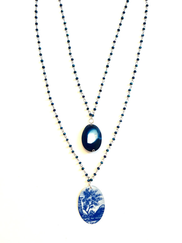 Adjustable Blue and White Landscape and Blue Stone Tin Necklace