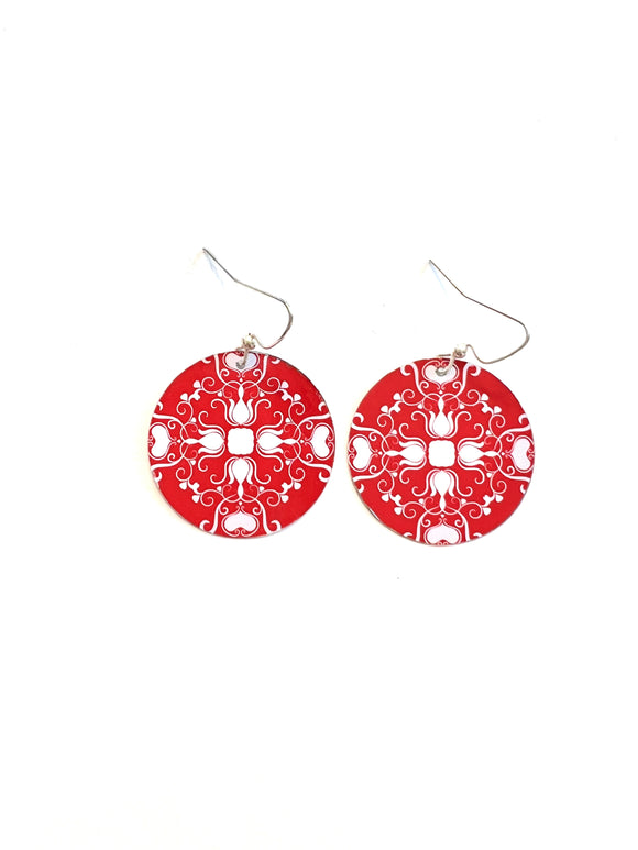 Red and White Patterned Tin Earrings