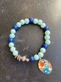 Classic and Light Blue Glass Beads with Silver Tin Charm Bracelet