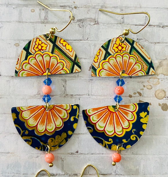 Orange and Navy Floral  Tin Earrings