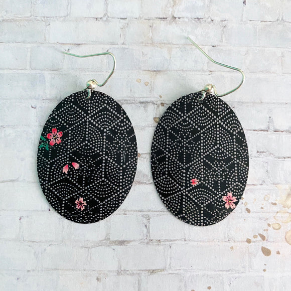 Black and White Hexagon with Flowers Oval Tin Earrings