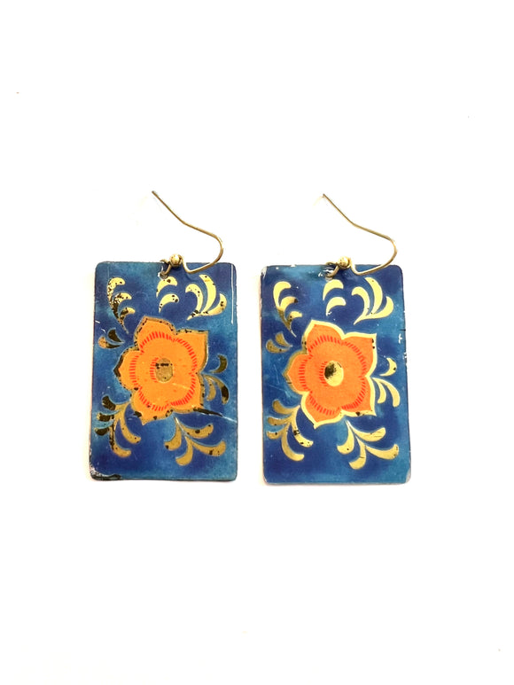 Orange Flower on Royal Blue Tin Earrings