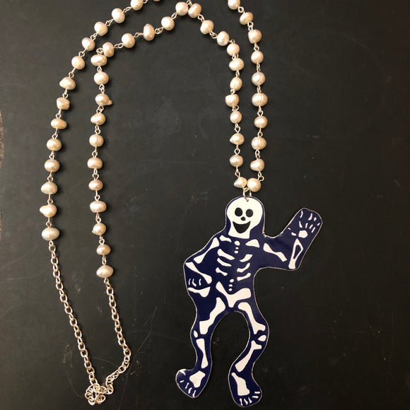 Skeleton with Freshwater Pearls Tin Necklace
