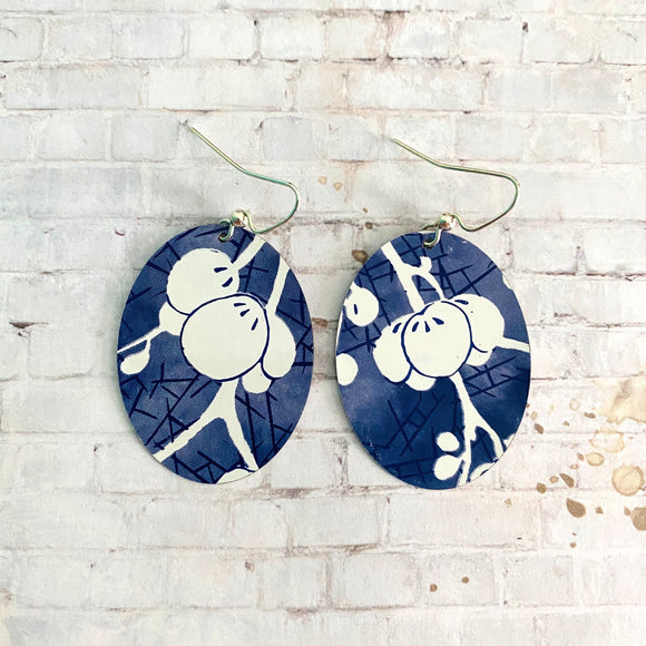 Blue with White Cherry Blossom Tin Earrings