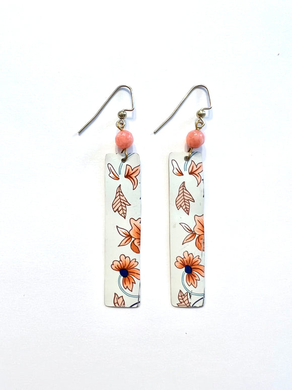 Coral and Blue Floral Tin Earrings with Beads