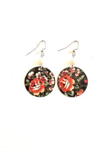 Red Rose and Purple Floral Tin Earrings with Freshwater Pearl