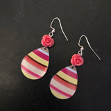 Pinks and Yellows Striped Tin Earrings with Resin Rose