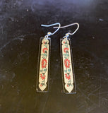 Slim Rectangles of Red Floral Tin Earrings