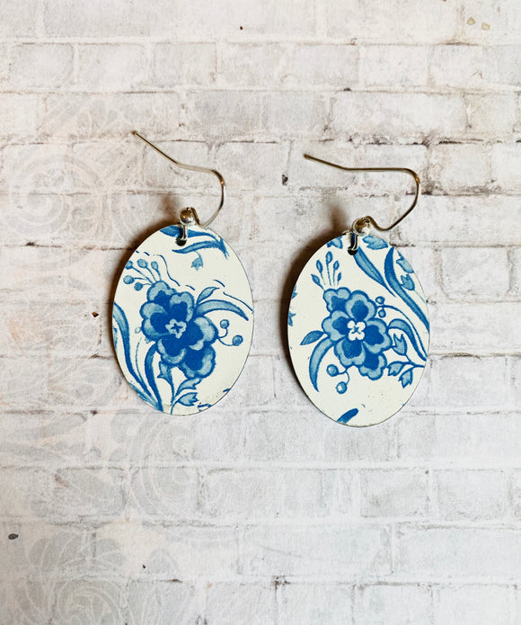 Blue and White Floral Oval Tin Earrings