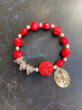 Red Glass and Resin Bead Tin Charm Bracelet
