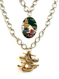 Adjustable Asian Landscape and Vintage Snake Brooch  Tin Necklace
