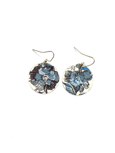 Blue Floral Circle Tin Earrings