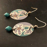 Green with White Flowers Tin Earrings with Beads