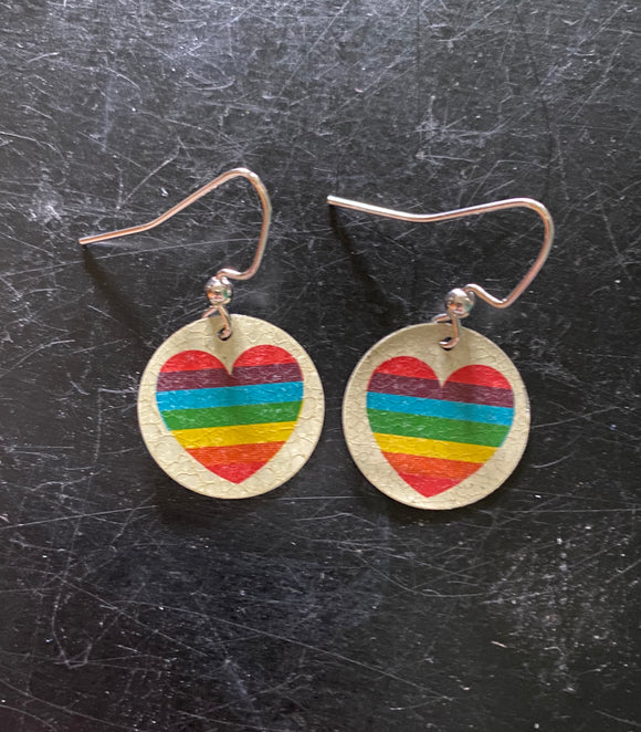 Medium Circle Rainbow Heart Tin Earrings