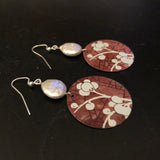 Red Cherry Blossom Circle Tin Earrings with Freshwater Pearls