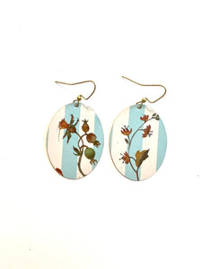 Blue and White Striped Tin Earrings with Flowers