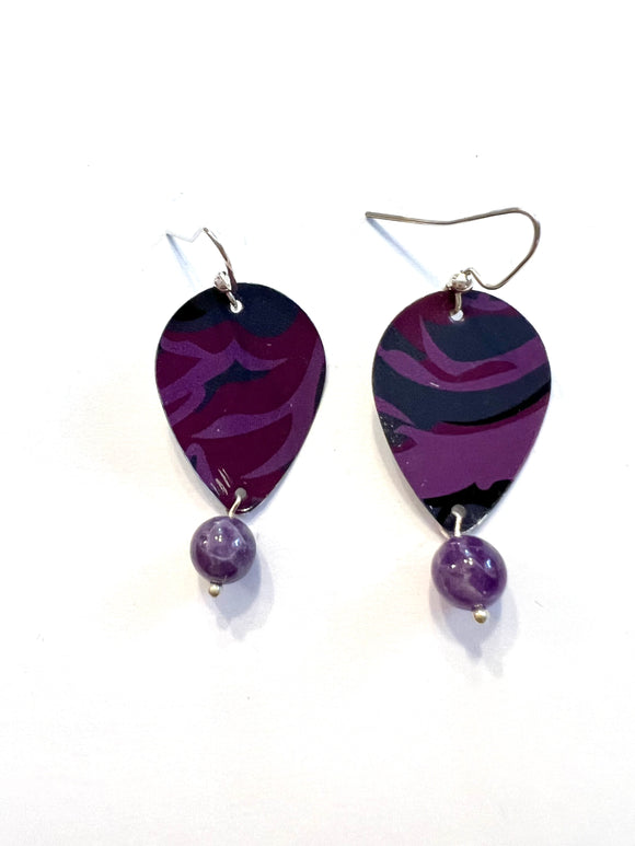 Purple and Black Abstract Floral Tin Earrings with Bead