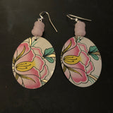 Pink and Yellow Flower Oval Tin Earrings with Beads