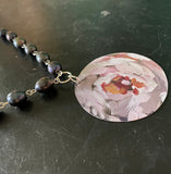 Pink and Grey Floral Tin Necklace with Freshwater Pearls