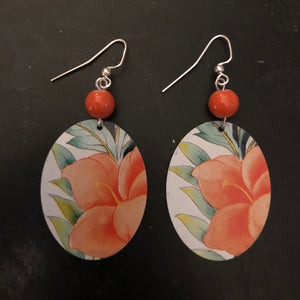 Orange Flower with Green Leaves Tin Earrings with Beads