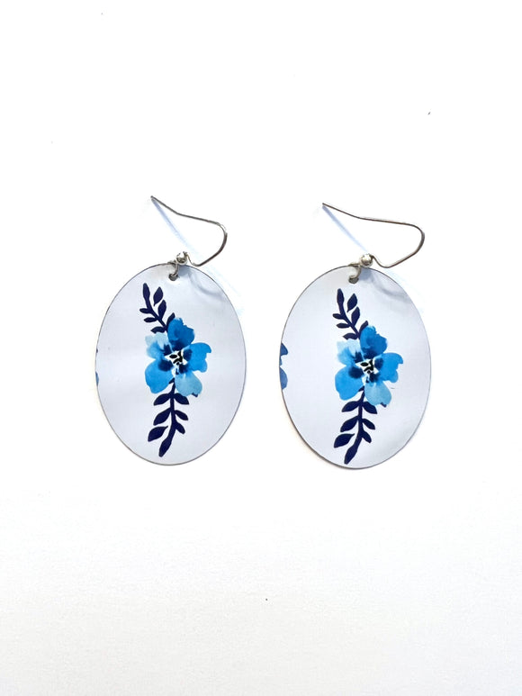 Blue Flower with Vine Tin Earrings