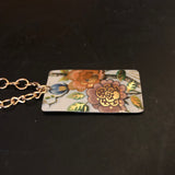 Pink Orange and Blue Floral Rectangle Tin Necklace
