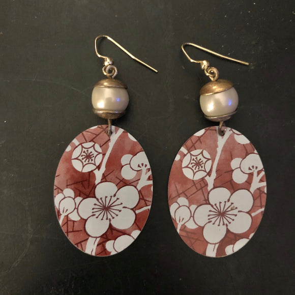 Red Cherry Blossom Tin Earrings with Pearl Bead