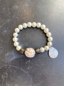 Light Grey Glass Bead with Reclaimed Shell Bead Tin Charm Bracelet