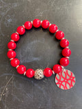 Red Glass and Silver Bead Tin Charm Bracelet