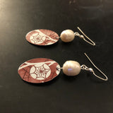 Red Cherry Blossom Teardrop Tin Earrings with Freshwater Pearls