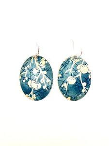 White Floral and Blue Tin Earrings