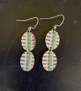 Tiered Art Deco Green Dots Vines Tin Earrings