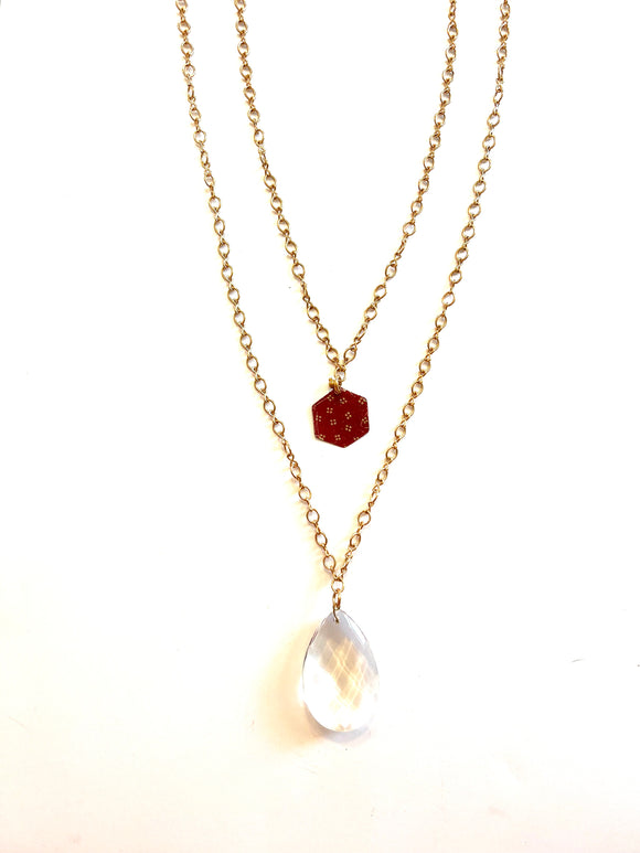 Adjustable Red and Gold Polkadot and Chandelier Crystal Tin Necklace