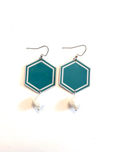 Aqua and White Lined Tin Earrings with White Beads