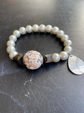 Light Grey Glass Bead with Reclaimed Shell Bead Tin Charm Bracelet