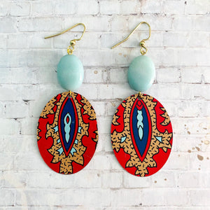 Red and Tan Tapestry Oval Tin Earrings with Bead