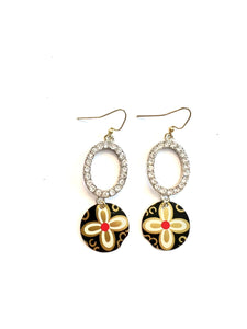 Black, Gold and Red Floral Tin Earrings with Rhinestone Ovals