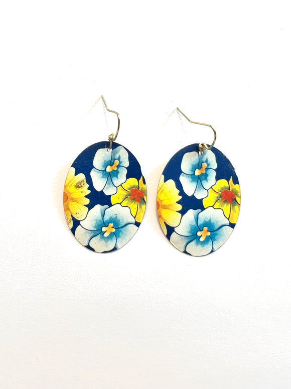 Blue and Yellow Floral Oval Tin Earrings