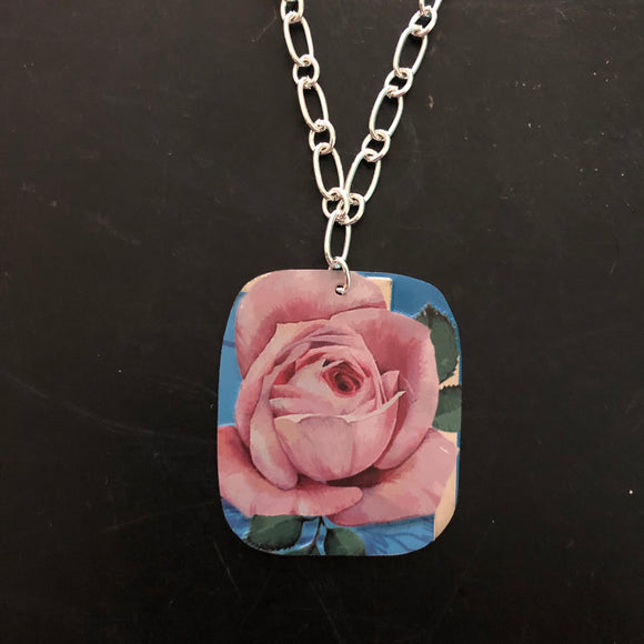 Rectangle Pink Rose Tin Necklace