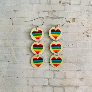Three Tiered Small Circle Rainbow Heart Tin Earrings