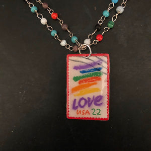 Love Stamp Tin Necklace with Beaded Strands