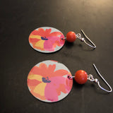 Pink and Yellow Floral Tin Earrings with Orange Beads
