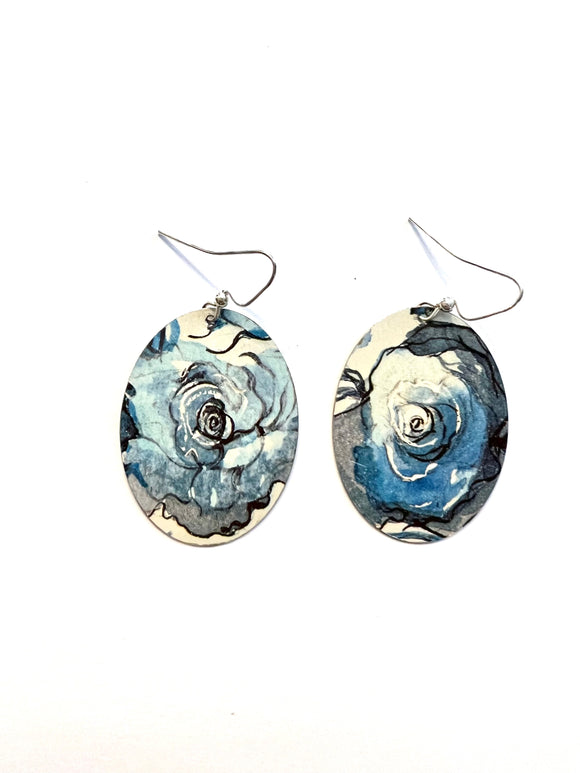 Blue Floral Oval Tin Earrings