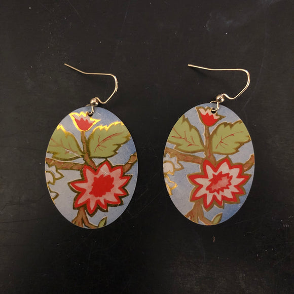 Red Floral with Green Leaves Tin Earrings
