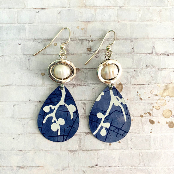 Blue and White Branches Teardrop Tin Earrings with Freshwater Pearls