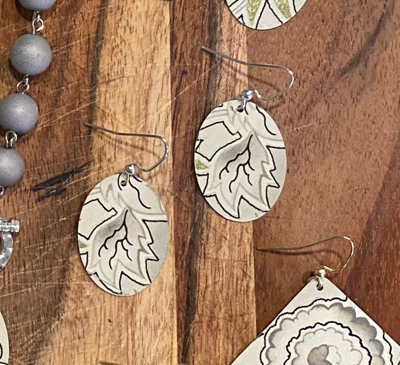 Grey and White Leaves Tin Earrings