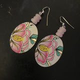 Pink and Yellow Flower Oval Tin Earrings with Beads