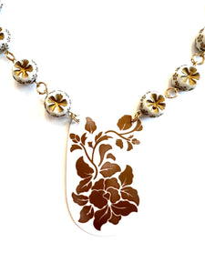 Gold Floral on White Tin Necklace