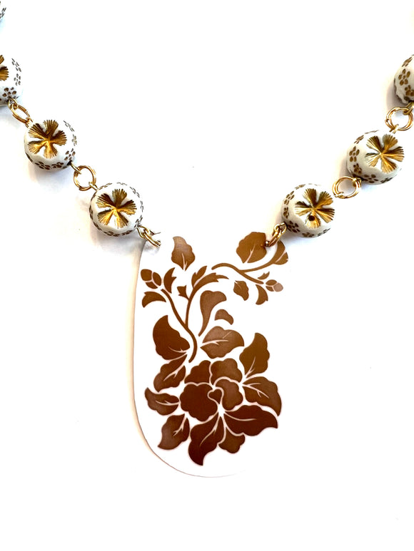 Gold Floral on White Tin Necklace