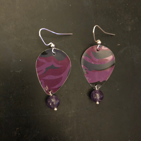 Purple and Black Abstract Floral Tin Earrings with Beads